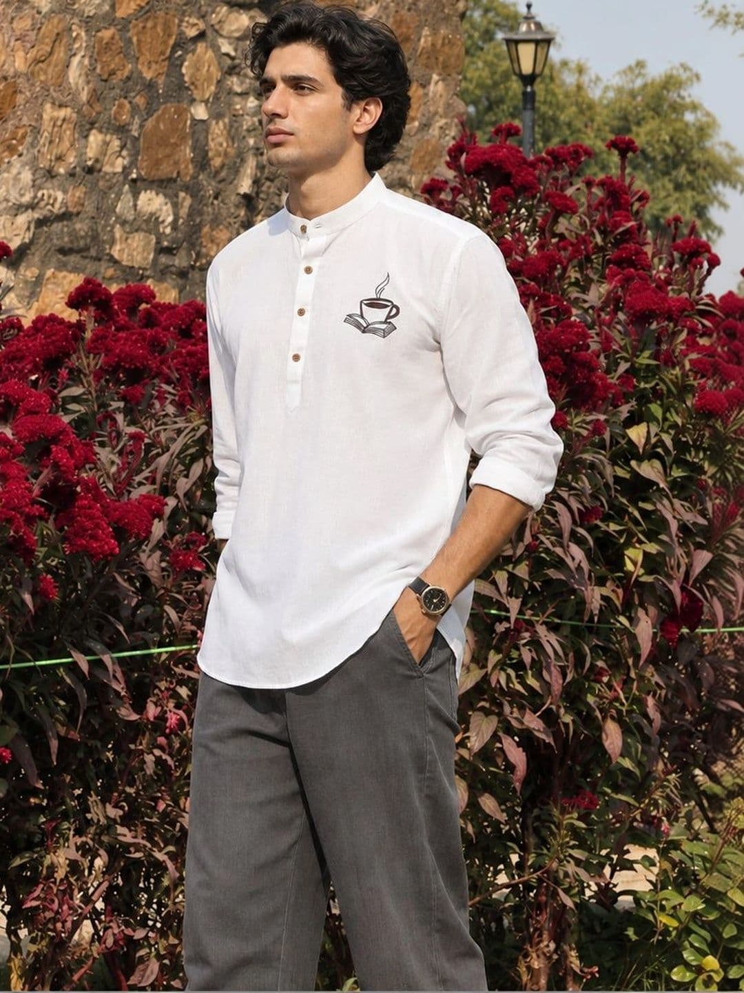 Anouk Men Embroidered Rolled up Sleeves Short Kurta thumbnail 6
