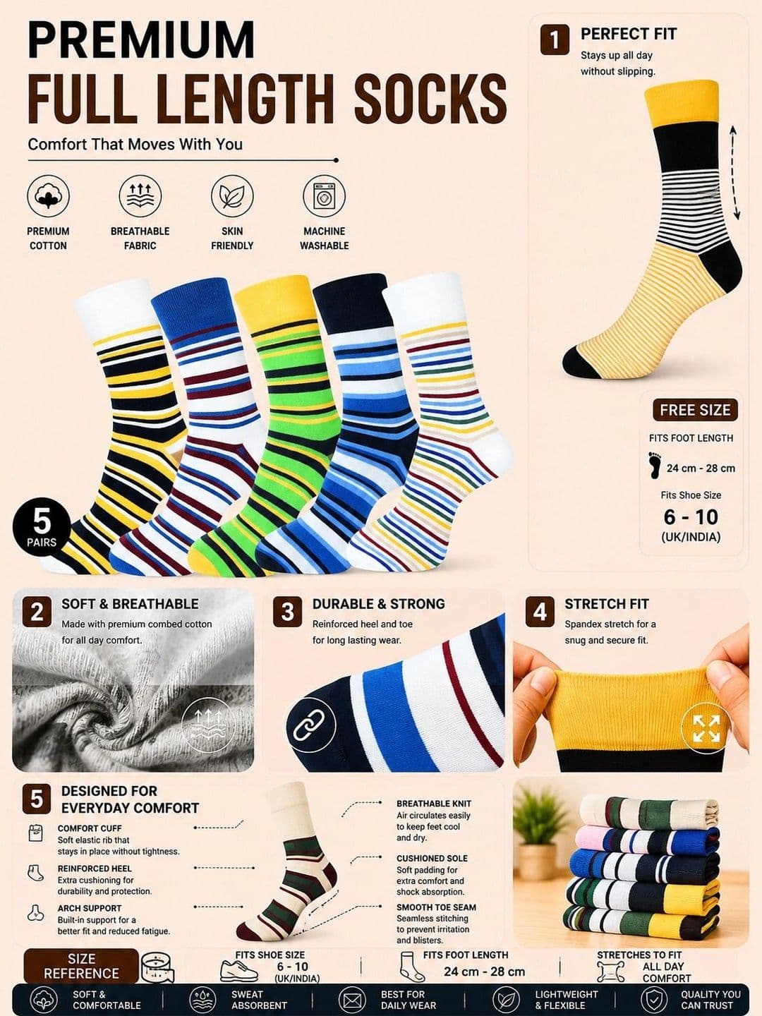 ADDOSSO Men Pack of 5 Cotton Assorted Striped Calf Length Socks thumbnail 5