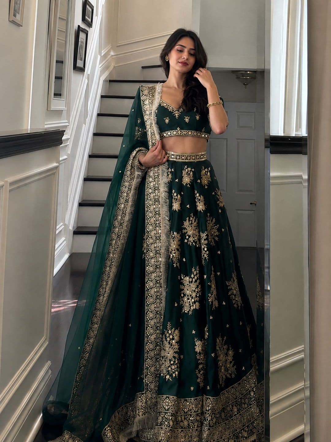 House of Pataudi Embroidered V-Neck Flared Lehenga Choli - view 1