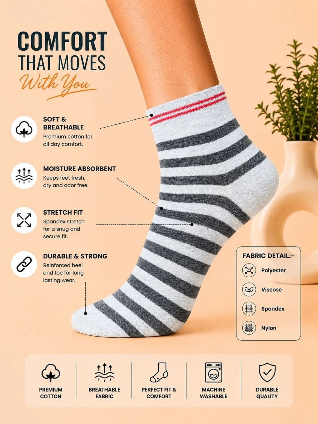 ADDOSSO Men Pack of 7 Cotton Assorted Striped Ankle Length Socks thumbnail 5