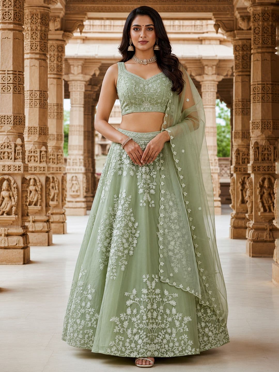 JIHU CULTURE Embroidered Thread Work Semi-Stitched Lehenga & Blouse With Dupatta thumbnail 4
