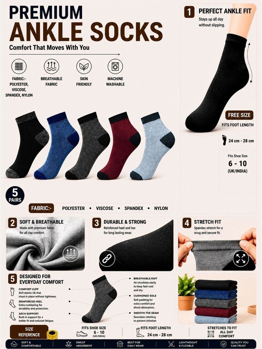 ADDOSSO Men Pack of 5 Cotton Assorted Colourblocked Ankle Length Socks thumbnail 5