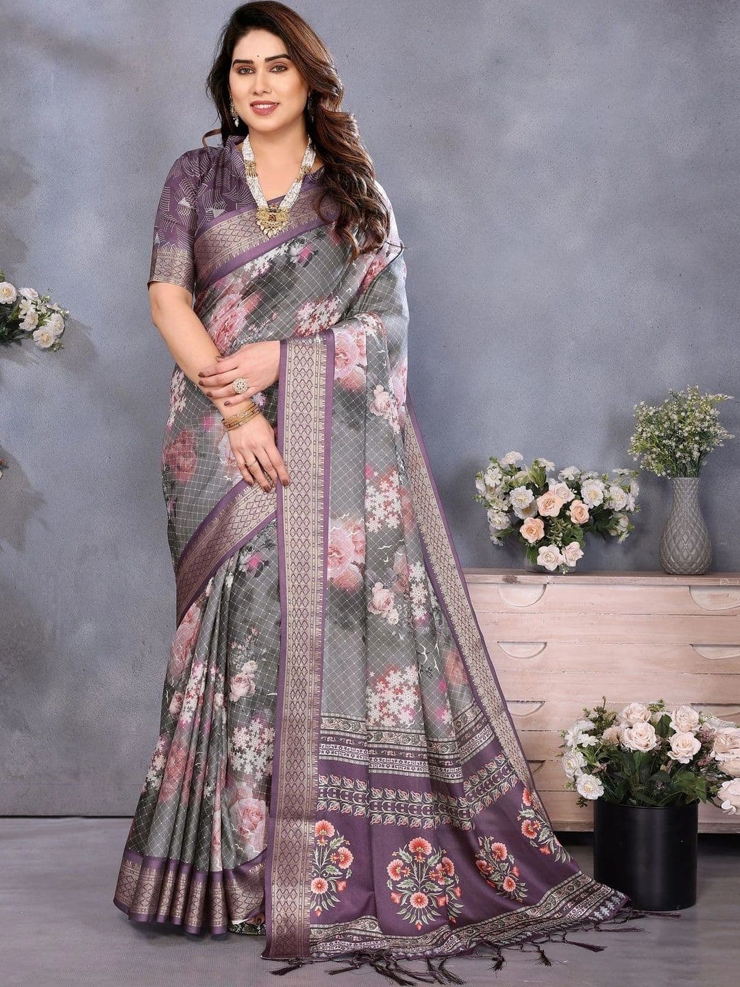 VS MALL Women Floral Silk Cotton Saree - view 1