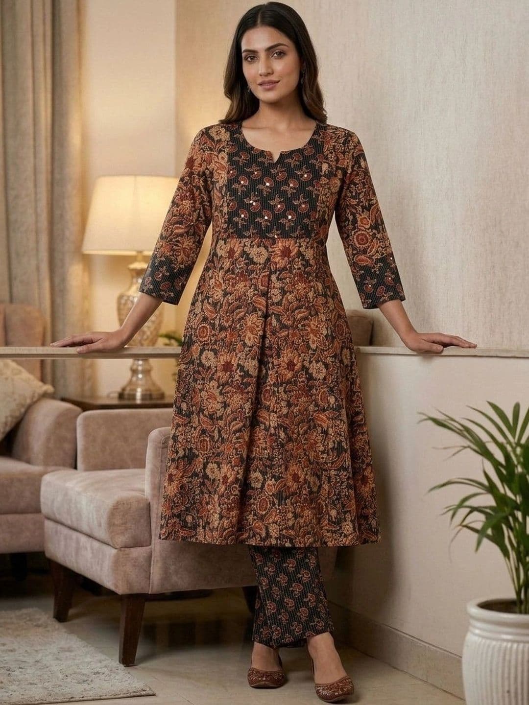 Sangria Women Floral Printed Regular Pure Cotton Kurta with Palazzos - view 1