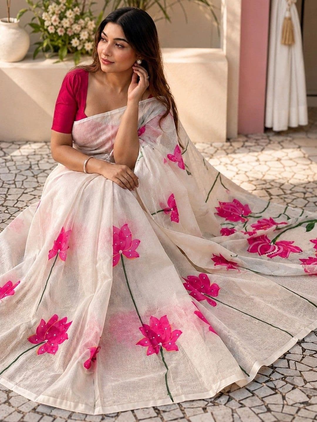 AARYAN SAREES Floral Pure Linen Gadwal Saree - view 1