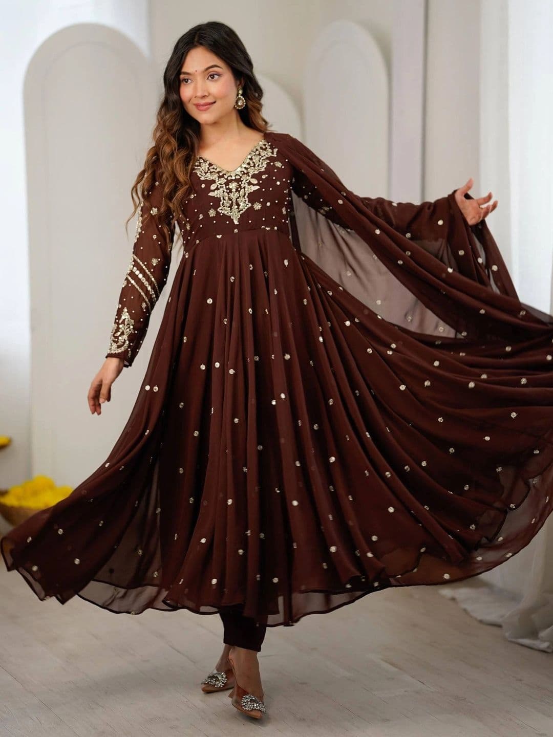 VastraBazaar Women Ethnic Motifs Empire Sequinned Silk Georgette Kurta with Trousers & With Dupatta thumbnail 6