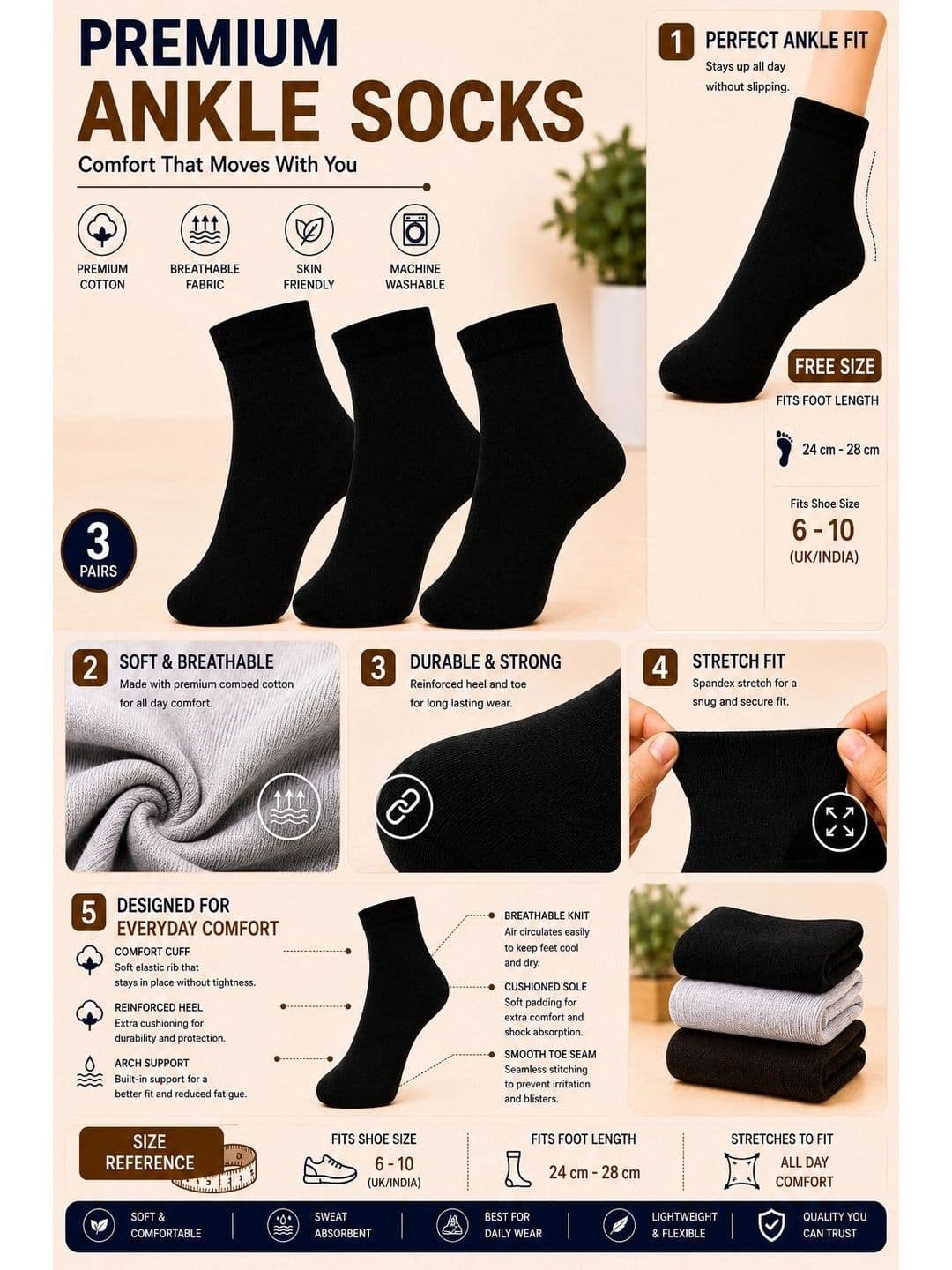 ADDOSSO Men Pack of 3 Cotton Assorted Above Ankle Socks thumbnail 3