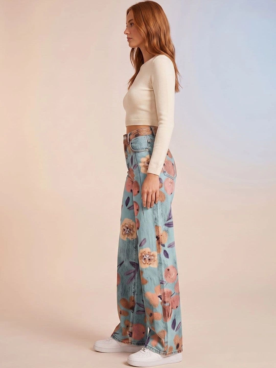 ATELIER REBEL Women Wide Leg Mid-Rise Light Fade Printed Jeans thumbnail 3
