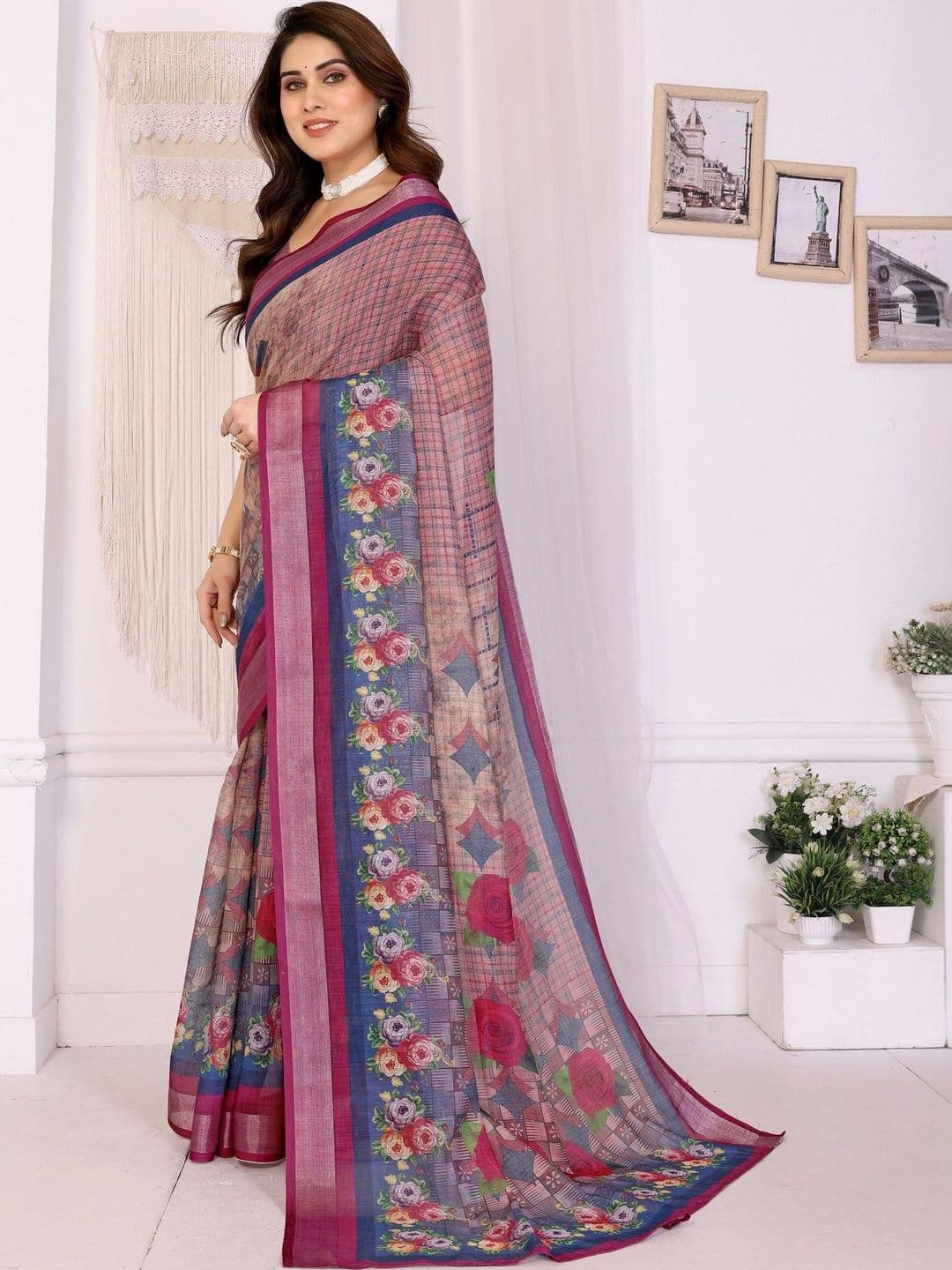 VS MALL Floral Linen Blend Saree thumbnail 4