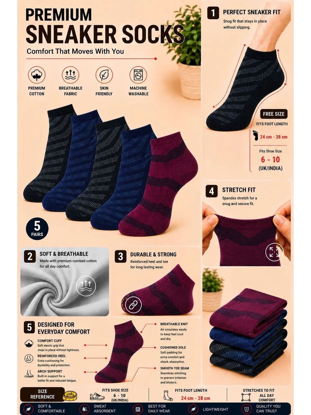 ADDOSSO Men Pack of 5 Cotton Assorted Patterned Ankle Length Socks thumbnail 5