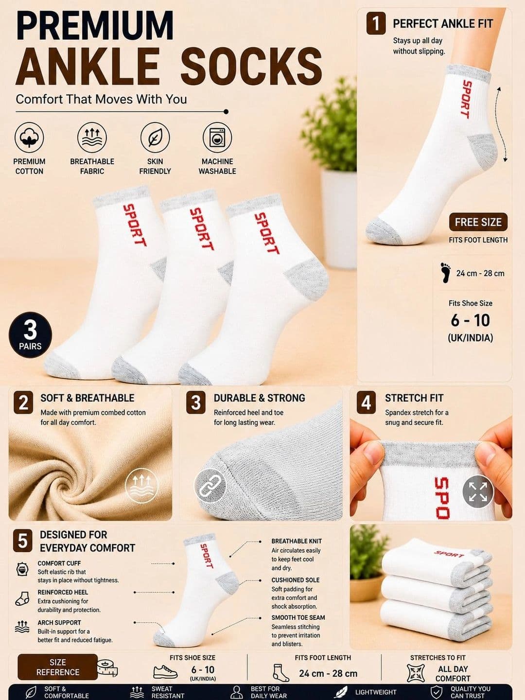 ADDOSSO Men Pack of 3 Cotton Assorted Patterned Ankle Length Socks thumbnail 3