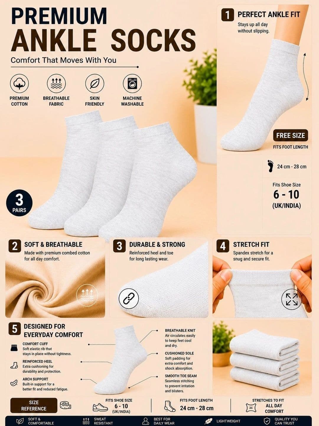 ADDOSSO Men Pack of 3 Cotton Assorted Ankle Length Socks thumbnail 5