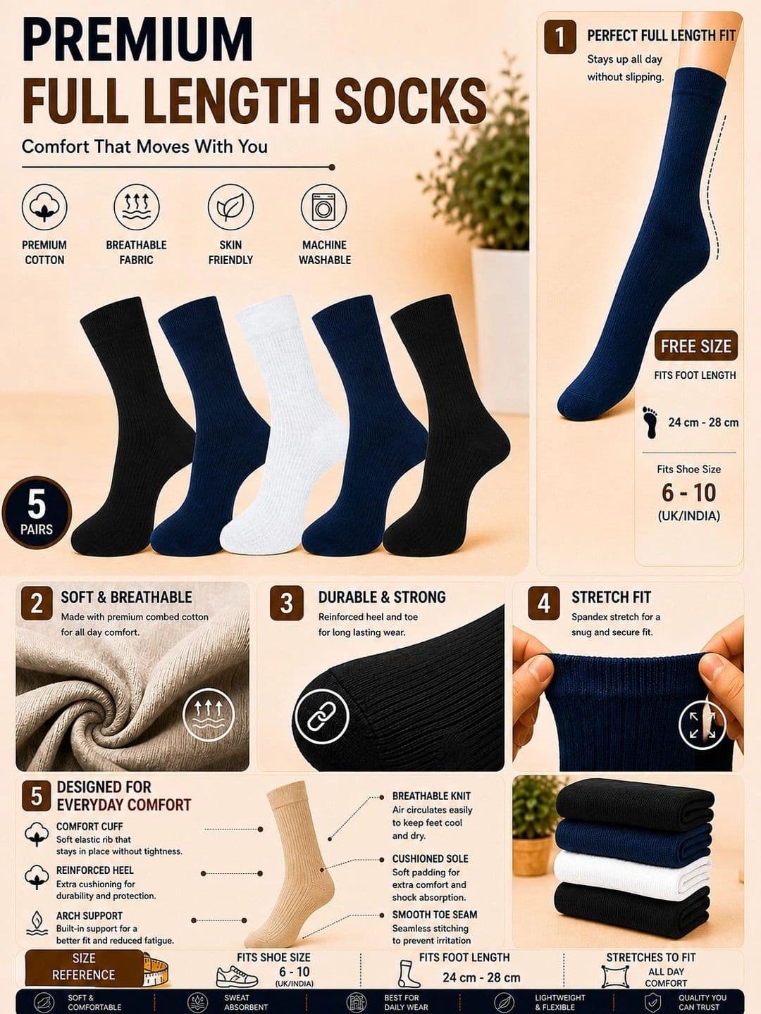 ADDOSSO Men Pack of 5 Cotton Assorted Calf Length Socks thumbnail 5