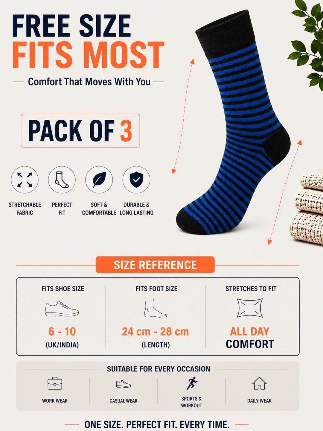 ADDOSSO Men Pack of 3 Cotton Assorted Striped Calf Length Socks thumbnail 4