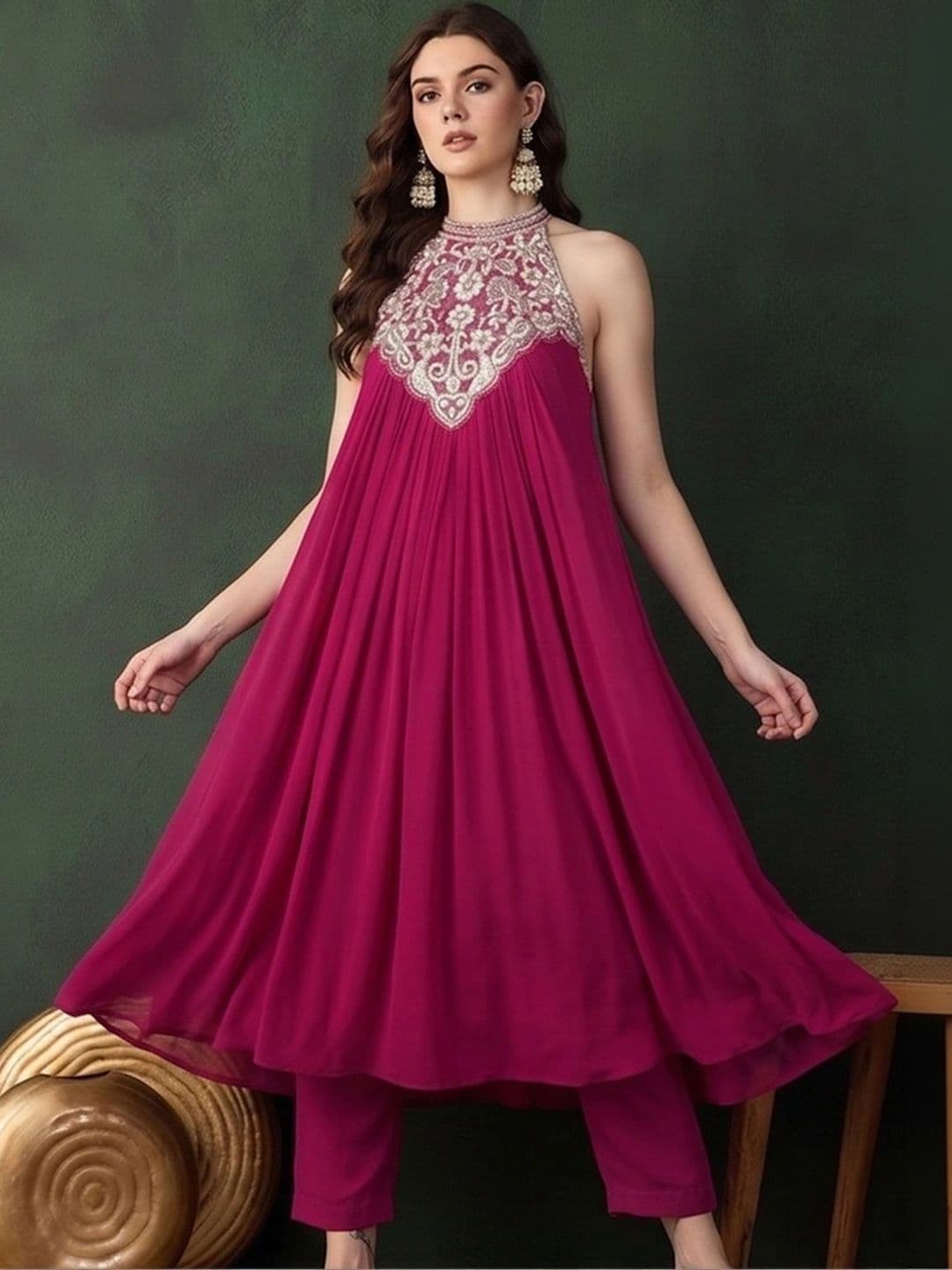 Sangria Women Ethnic Motifs Embroidered Empire Thread Work Silk Georgette Kurta with Trousers thumbnail 7