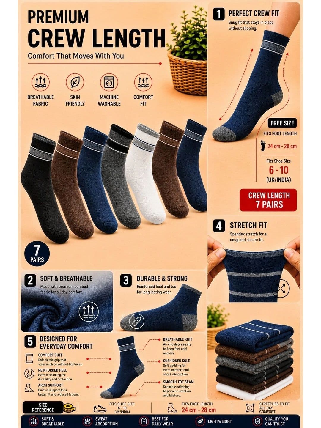ADDOSSO Men Pack of 7 Cotton Assorted Striped Above Ankle Socks thumbnail 2