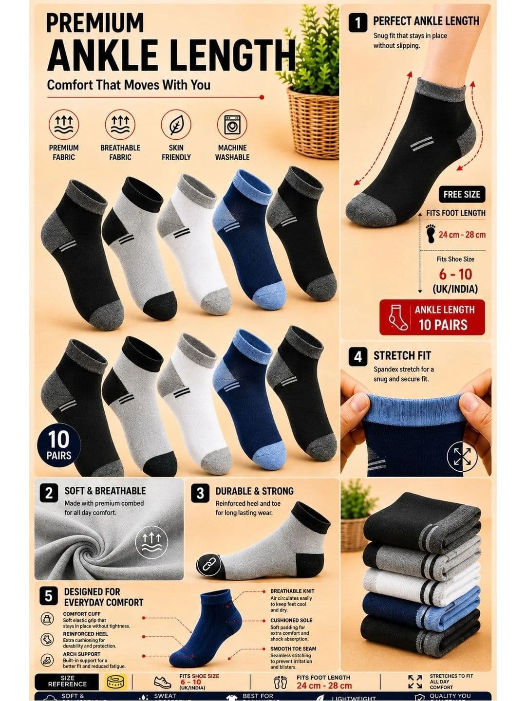 ADDOSSO Men Pack of 10 Cotton Assorted Colourblocked Ankle Length Socks thumbnail 2