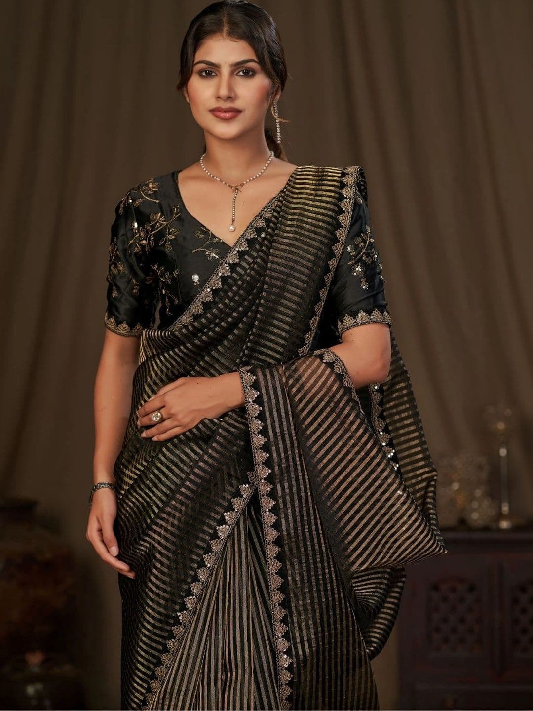 Parmila Fashion Striped Embroidered Tissue Saree - view 1