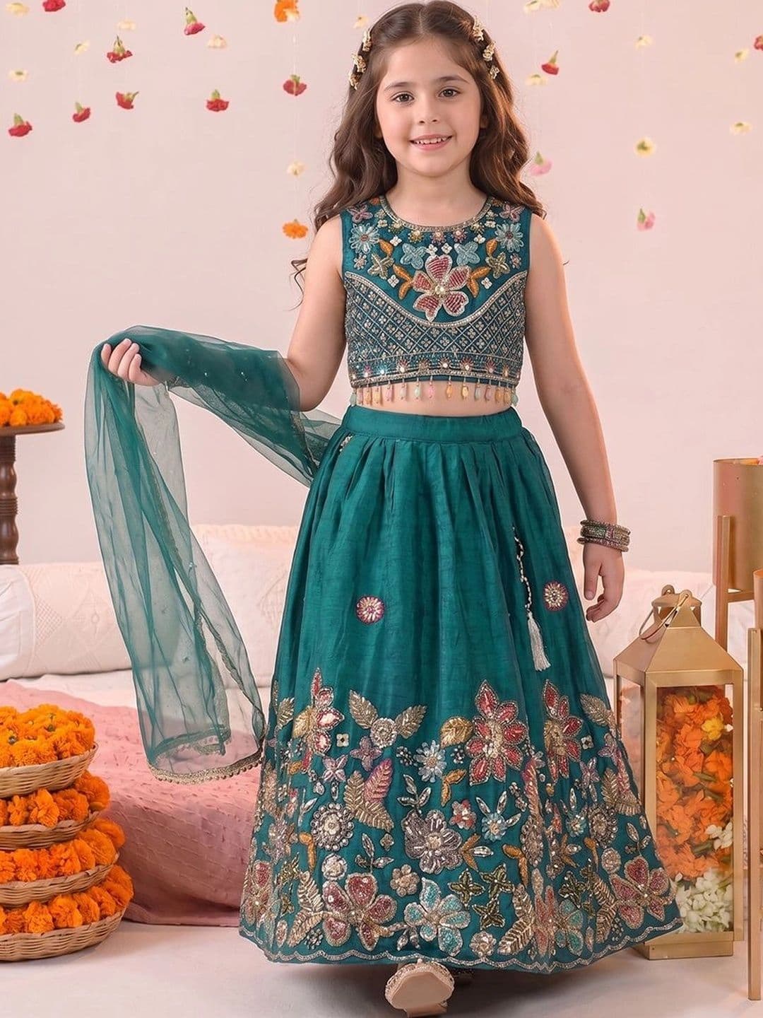 FASHION DREAM Girls Embroidered Sequinned Ready to Wear Lehenga & Blouse With Dupatta thumbnail 6