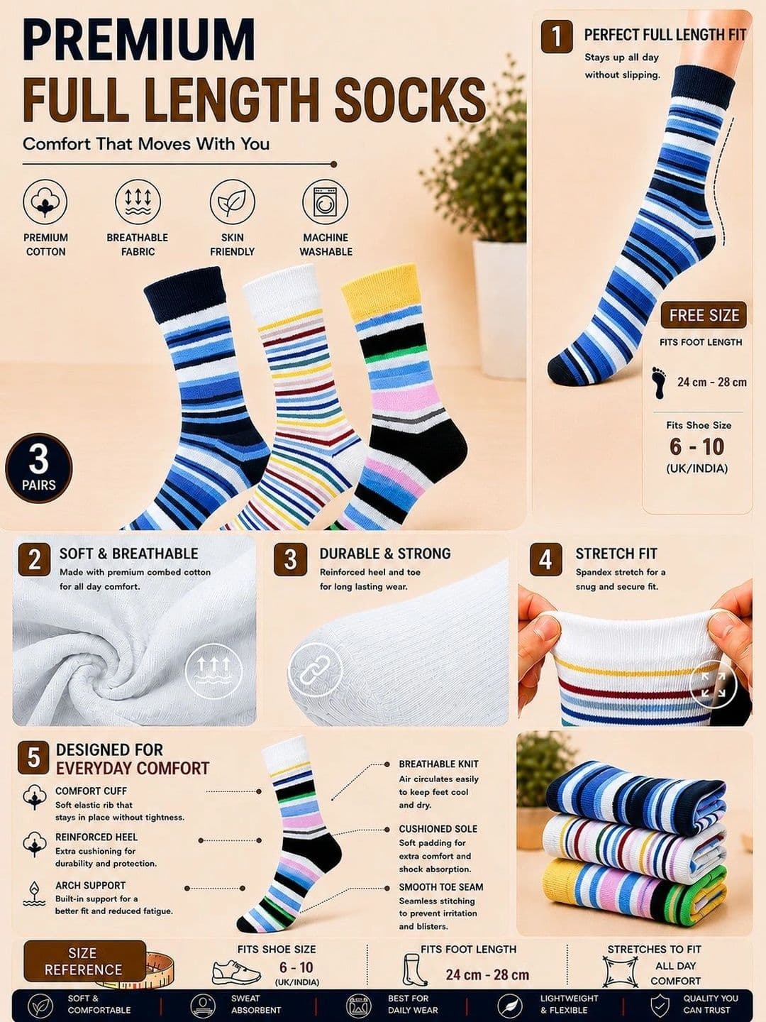 ADDOSSO Men Pack of 3 Cotton Assorted Striped Calf Length Socks thumbnail 3