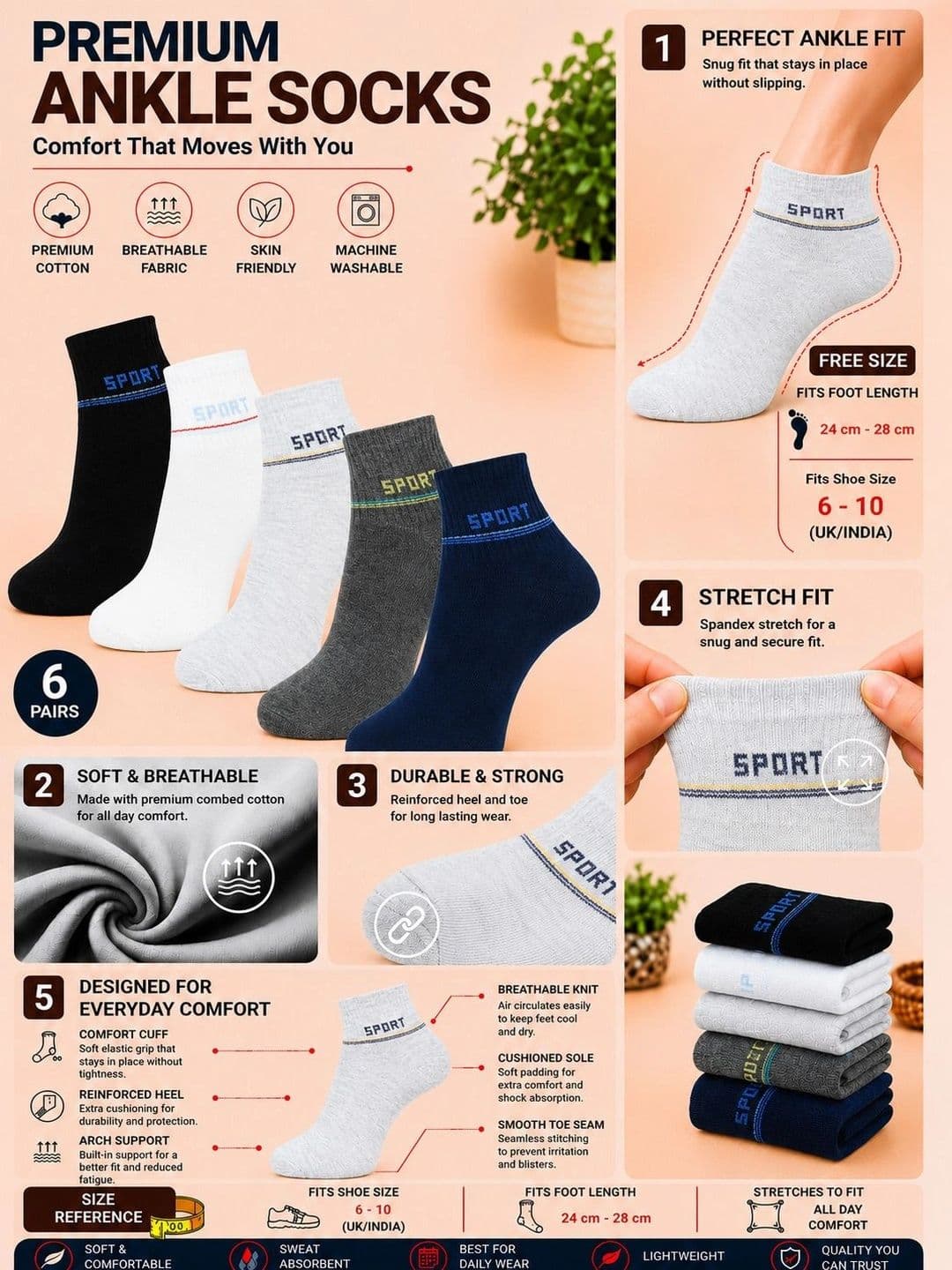 ADDOSSO Men Pack of 5 Cotton Assorted Patterned Above Ankle Socks thumbnail 2