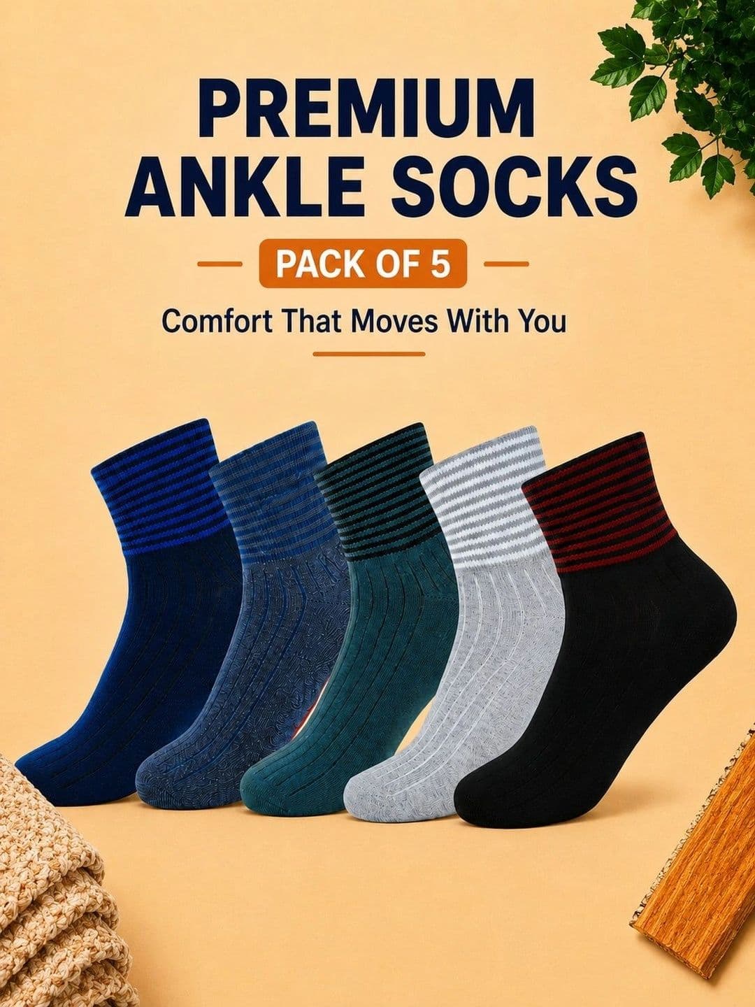 ADDOSSO Men Pack of 5 Cotton Assorted Striped Ankle Length Socks thumbnail 3
