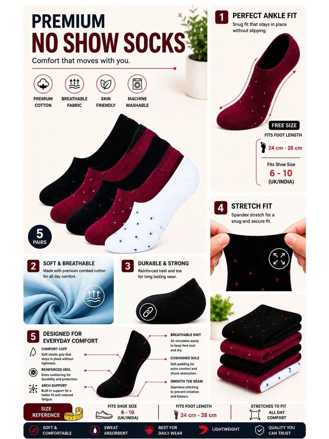 ADDOSSO Men Pack of 5 Cotton Assorted Patterned Shoe Liners Socks thumbnail 5