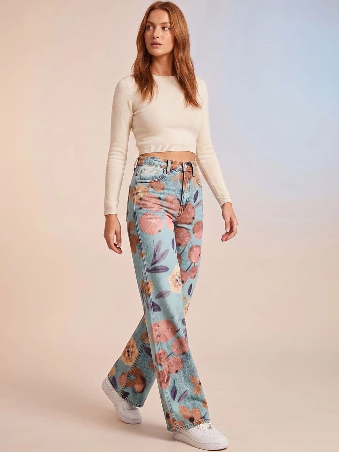 ATELIER REBEL Women Wide Leg Mid-Rise Light Fade Printed Jeans thumbnail 5