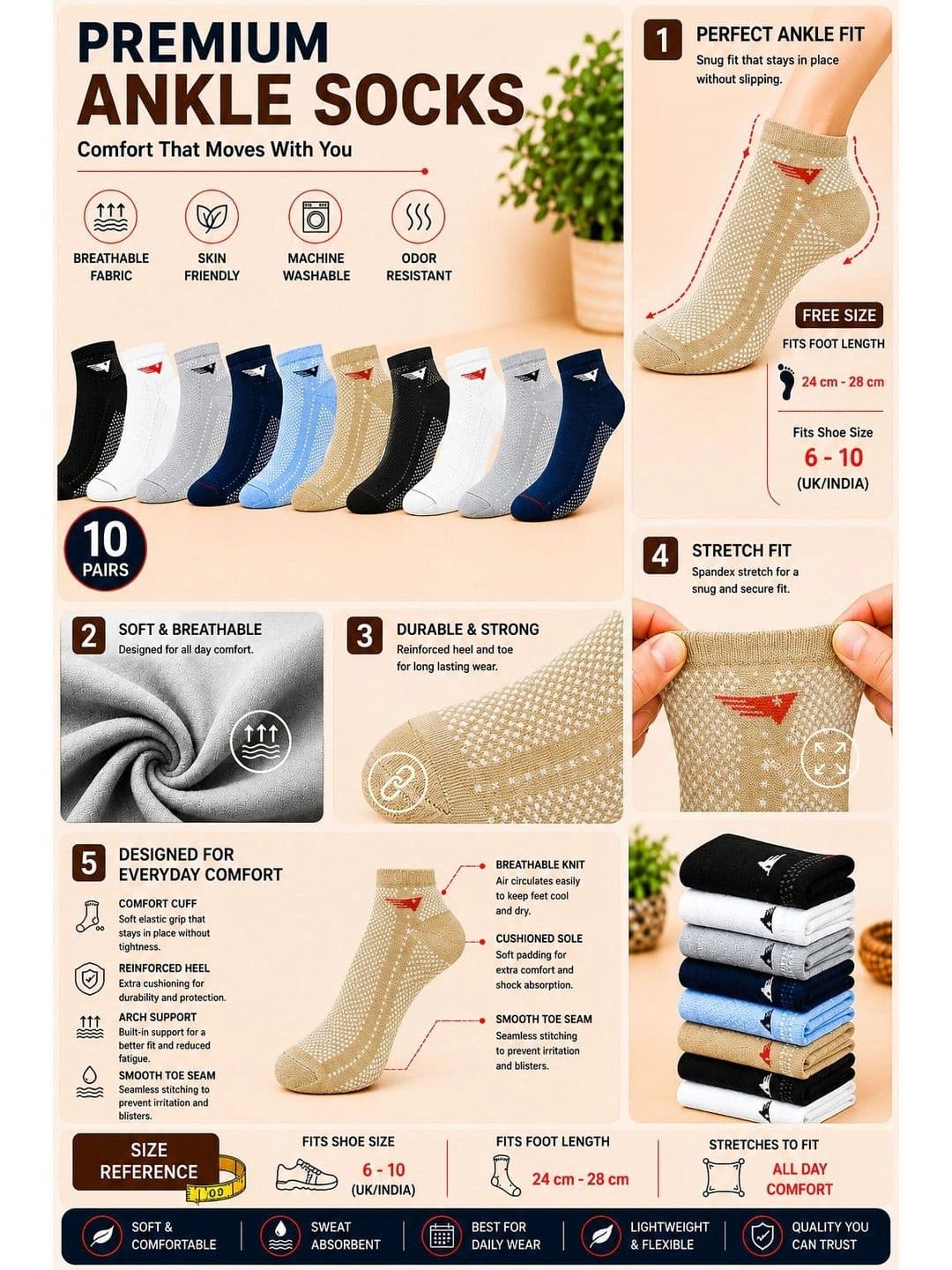 ADDOSSO Men Pack of 10 Cotton Assorted Patterned Ankle Length Socks thumbnail 2