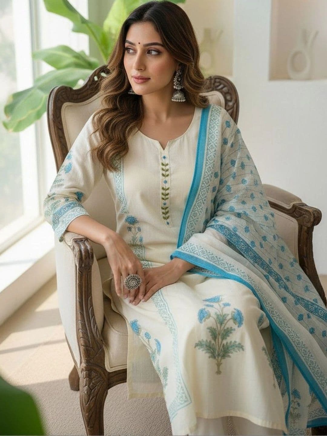 Anouk Women Ethnic Motifs Printed Regular Thread Work Pure Cotton Kurta with Trousers & With Dupatta thumbnail 4