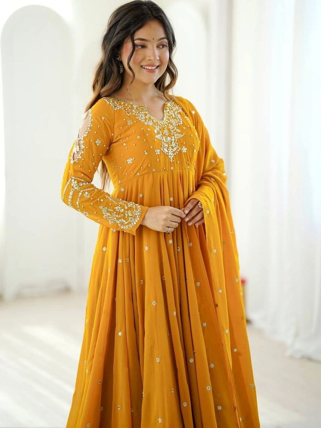 NORAFLEX Women Ethnic Motifs Embroidered Empire Gotta Patti Silk Georgette Kurta with Trousers & With Dupatta thumbnail 2