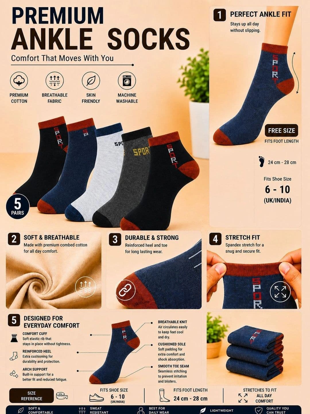 ADDOSSO Men Pack of 5 Cotton Assorted Patterned Ankle Length Socks thumbnail 4