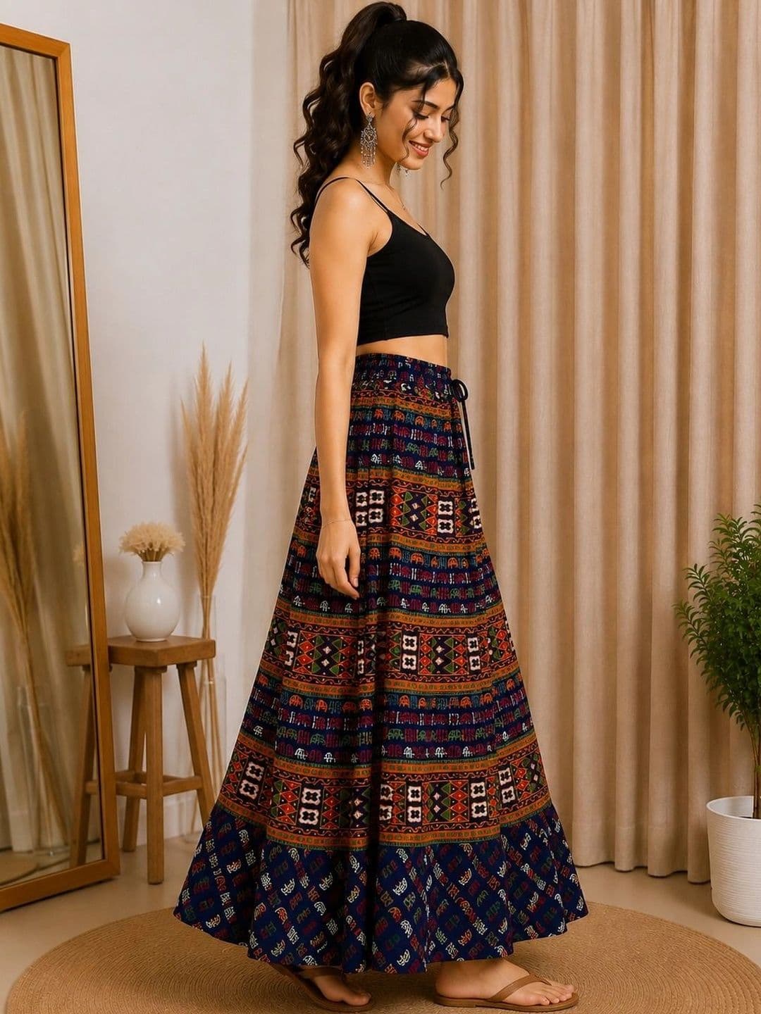 HIMCARE Women Cotton Cambric Geometric Tribal or Aztec Print Maxi Flared Skirt thumbnail 3