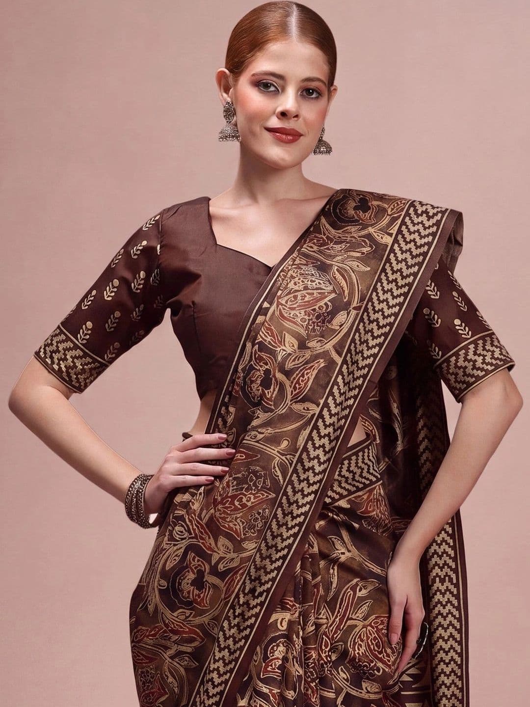 Sangria Kalamkari Silk Blend Designer Block Print Saree thumbnail 5