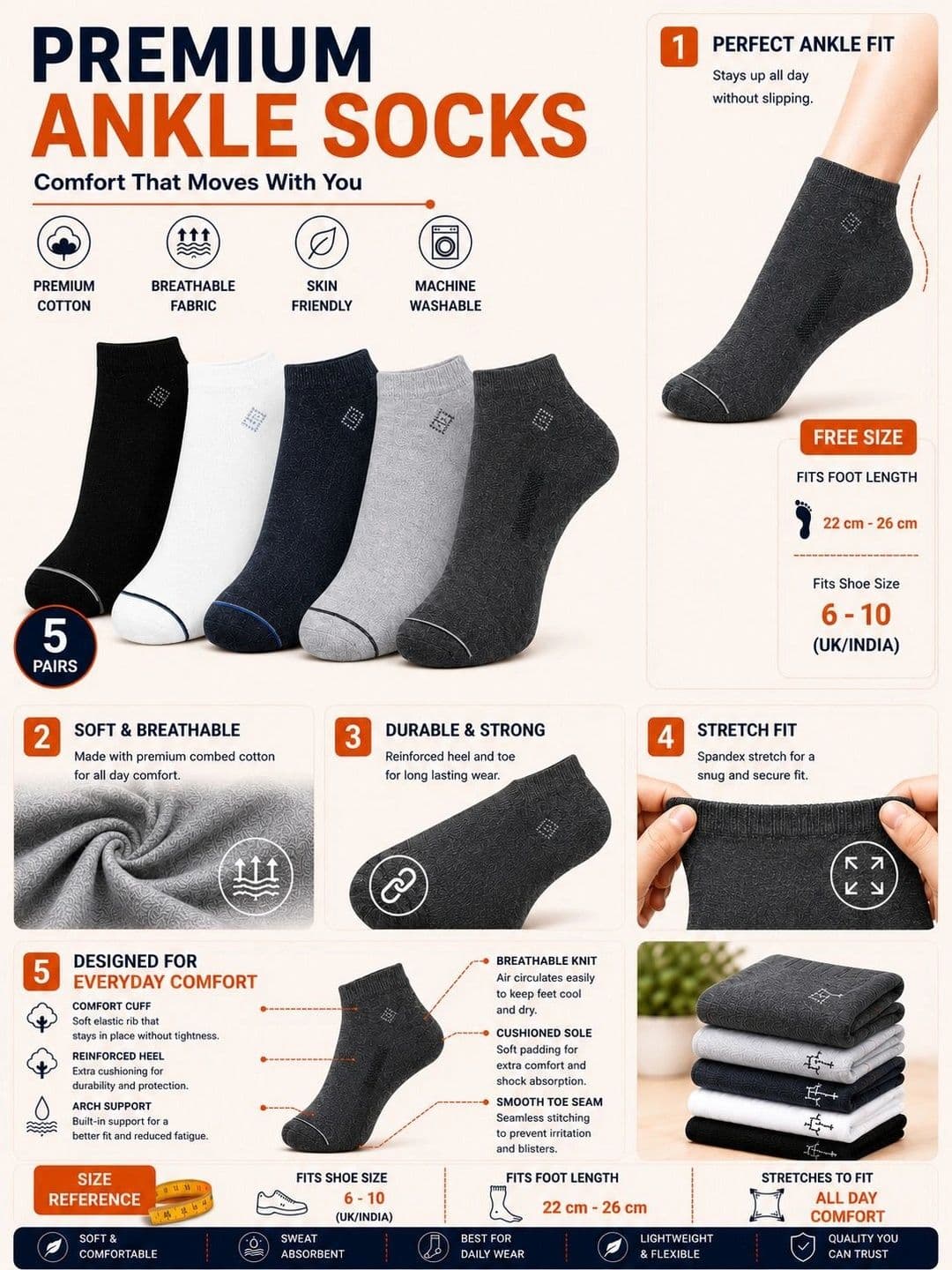 ADDOSSO Men Pack of 5 Cotton Assorted Ankle Length Socks thumbnail 2