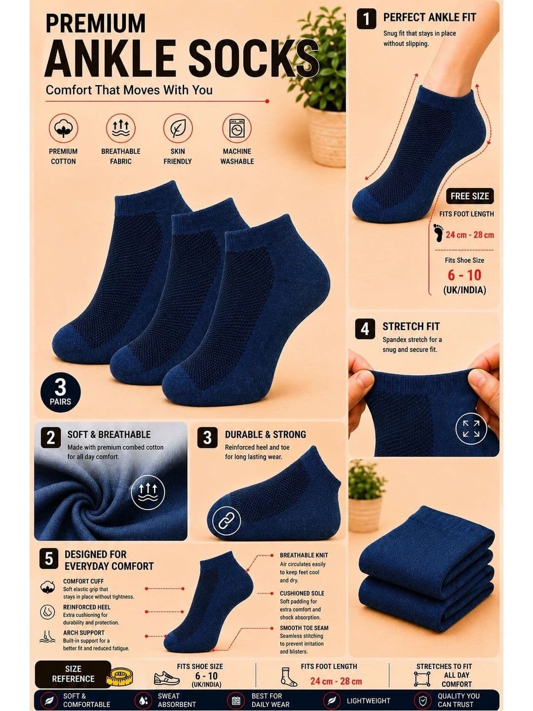 ADDOSSO Men Pack of 3 Cotton Assorted Patterned Ankle Length Socks thumbnail 2