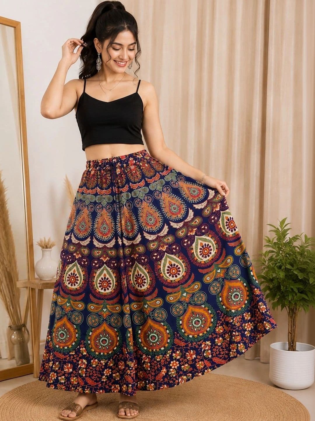 HIMCARE Women Cotton Cambric Paisley Bohemian Maxi Flared Skirt - view 1