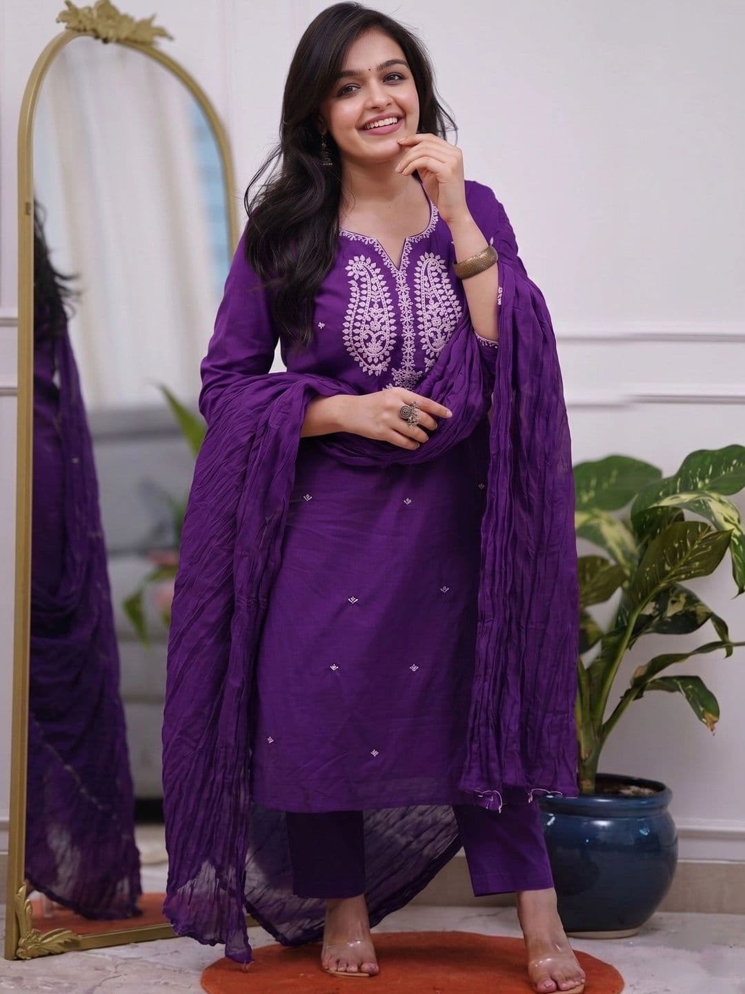 Sangria Women Ethnic Motifs Embroidered Regular Thread Work Kurta with Trousers & With Dupatta thumbnail 2