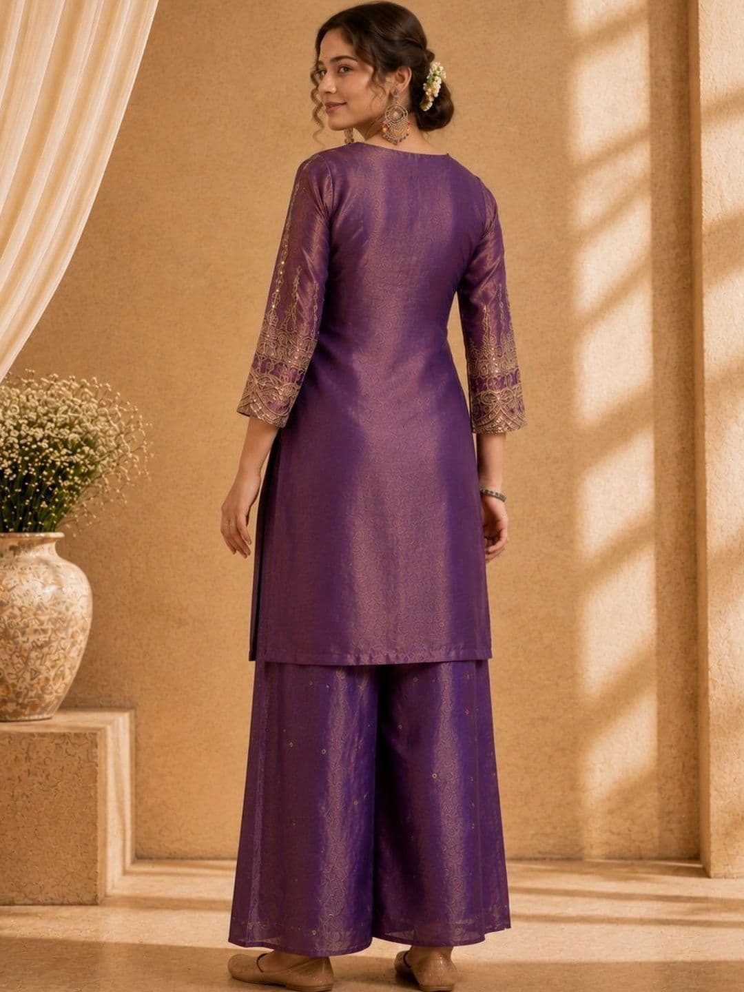 Sangria Women Ethnic Motifs Embroidered Regular Kurta & Palazzos  With Dupatta thumbnail 6