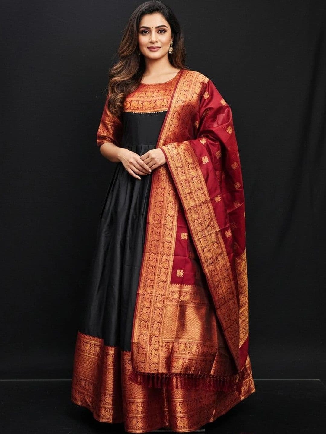 SmileyFashion Woven Round Neck Maxi Ethnic Dress With Dupatta - view 1