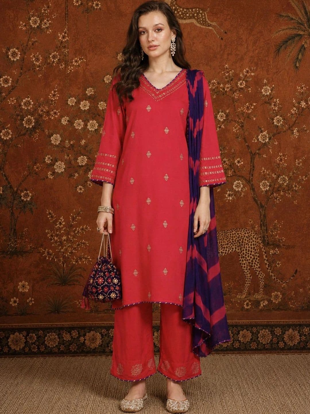 Sangria Women Ethnic Motifs Embroidered Regular Thread Work Kurta with Palazzos & With Dupatta thumbnail 6