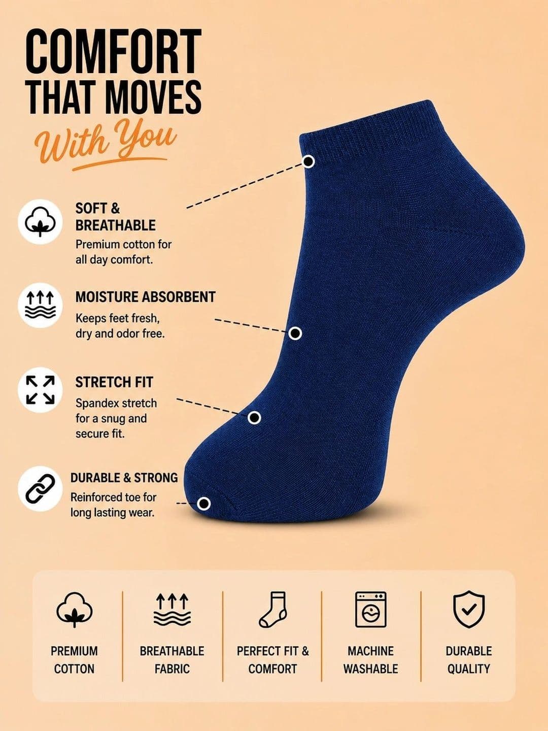 ADDOSSO Men Pack of 3 Cotton Assorted Ankle Length Socks thumbnail 3