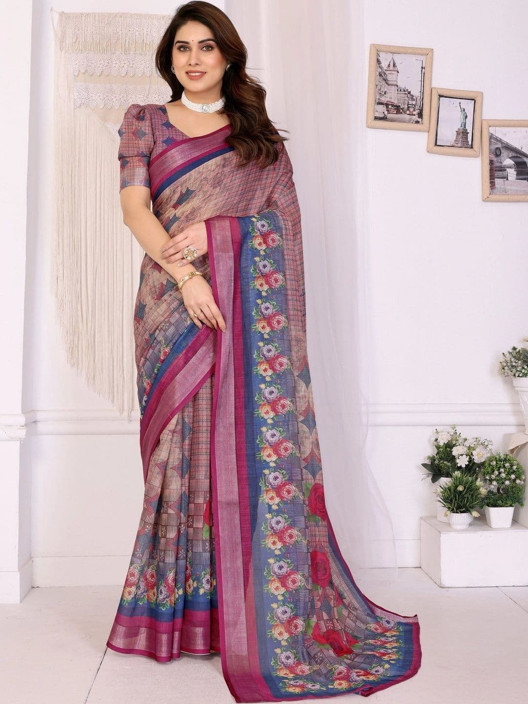 VS MALL Floral Linen Blend Saree - view 1