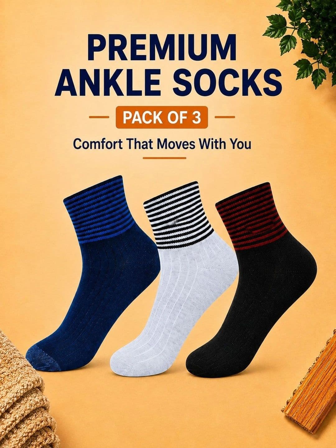 ADDOSSO Men Pack of 3 Cotton Assorted Striped Ankle Length Socks thumbnail 4