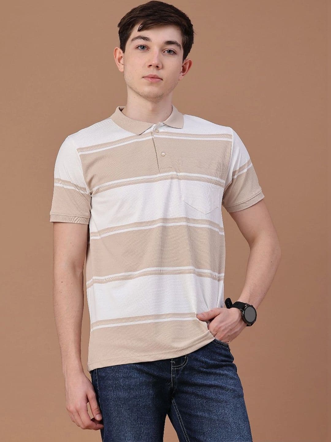 V-Mart Men Striped Polo Collar Pockets Slim Fit T-shirt - view 1