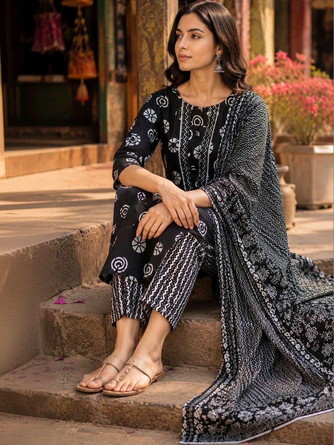 Three Boganvilla Women Ethnic Motifs Printed Regular Pure Cotton Kurta with Trousers & With Dupatta thumbnail 4
