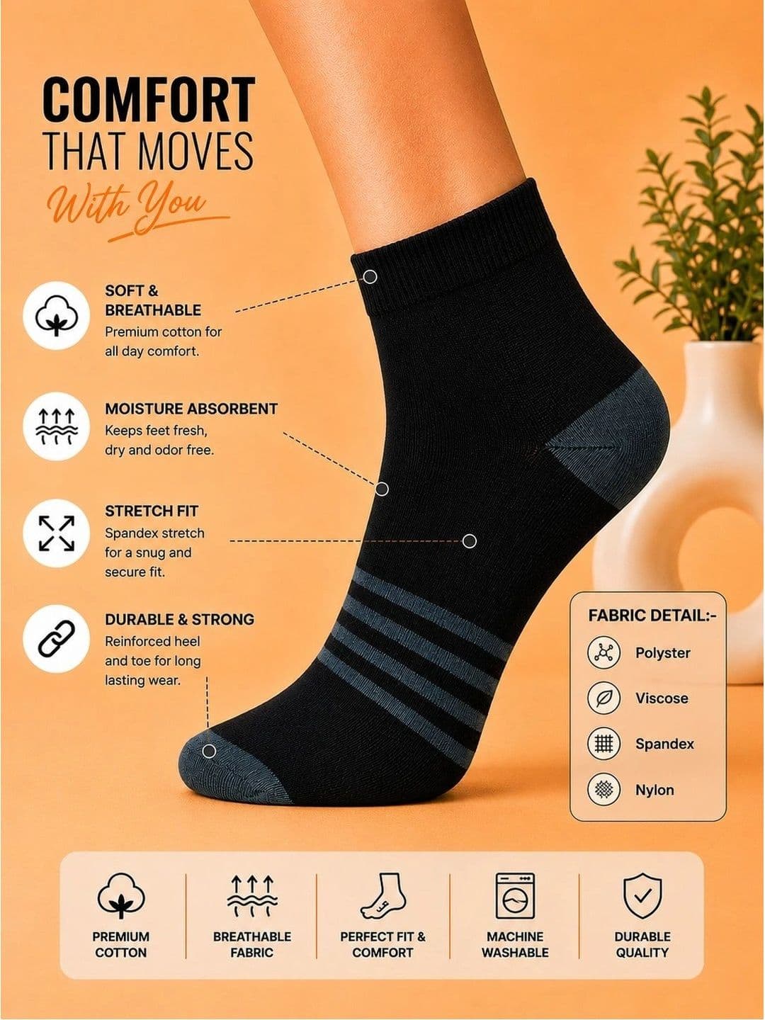 ADDOSSO Men Pack of 10 Cotton Assorted Striped Ankle Length Socks thumbnail 4