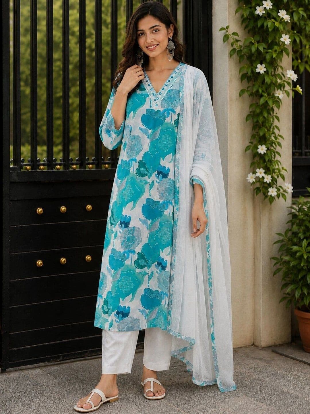 FABZARI Women Floral Printed Regular Pure Cotton Kurta with Trousers & With Dupatta - view 1
