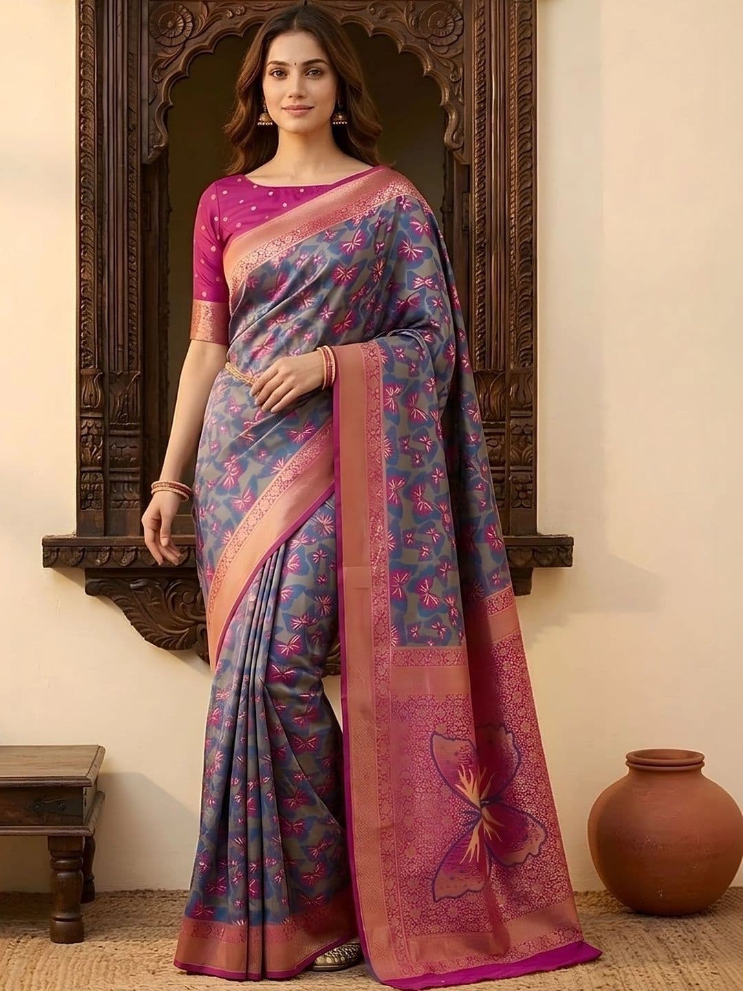 Urbanari Woven Design Zari Silk Blend Saree - view 1