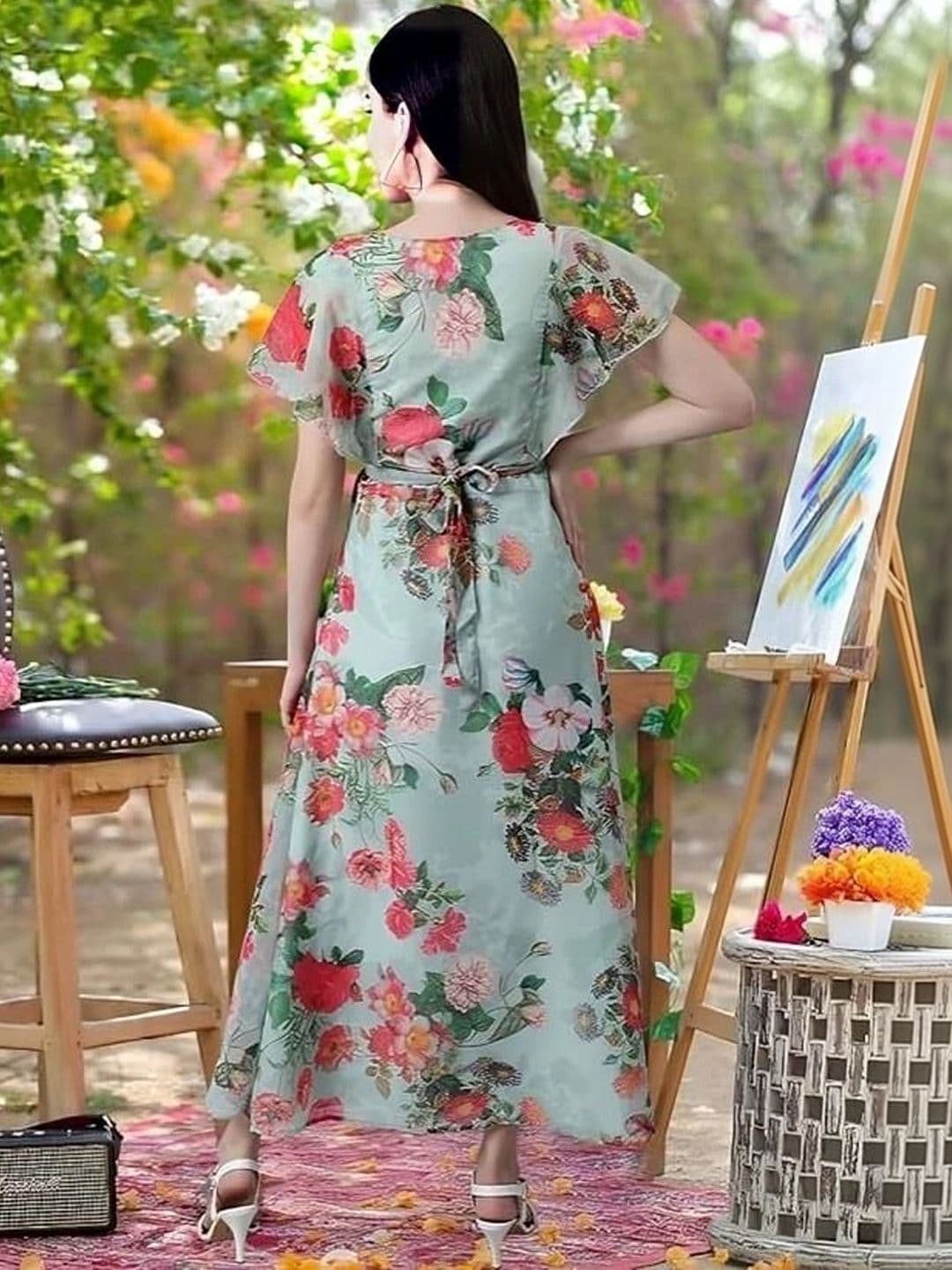JS CREATIVE Floral Print Flutter Sleeve Ruffled Georgette A-Line Maxi Dress thumbnail 2